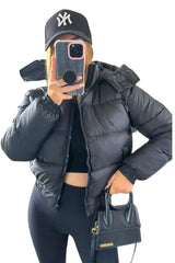 Black Short Zipper Up Hooded Puffer Coat