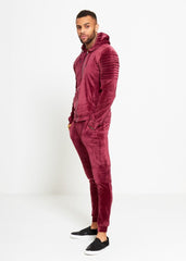Mens Wine Velvet Biker Ribbed Padding Skinny Fit Tracksuit