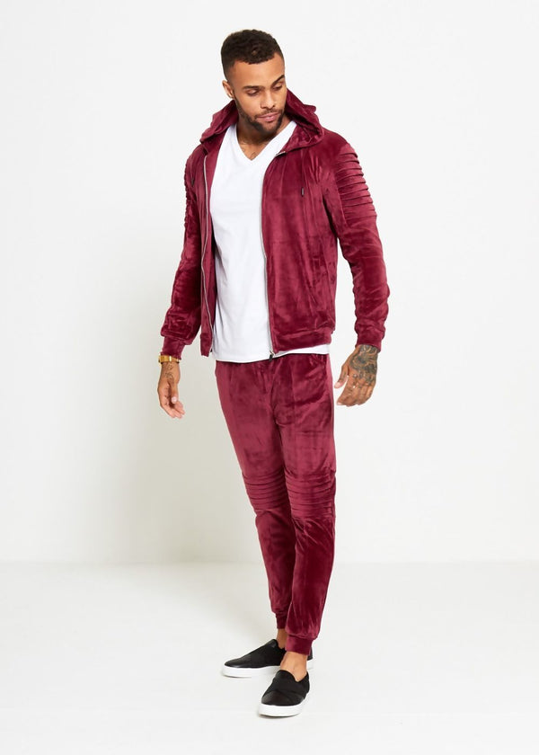 Mens Wine Velvet Biker Ribbed Padding Skinny Fit Tracksuit