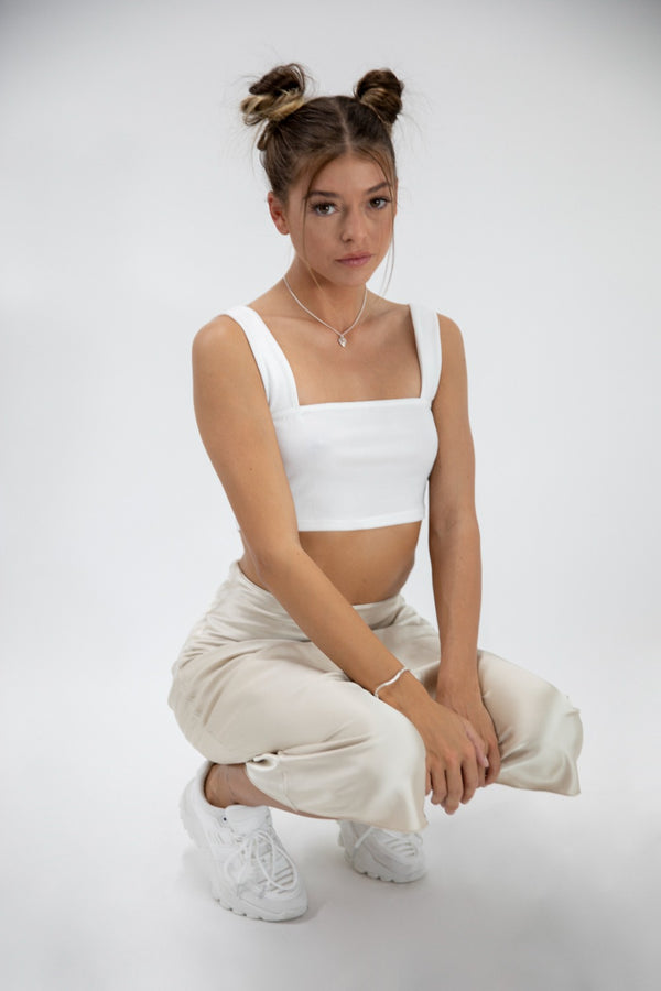 White Thick Strap Square Neck Crop Top