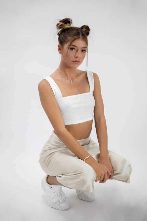 White Thick Strap Square Neck Crop Top