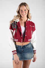 Wine Hooded Contrast Sleeve Letter A Varsity Jacket