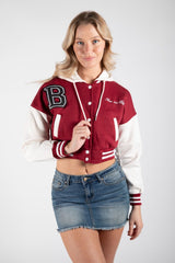 Wine Hooded Contrast Sleeve Letter A Varsity Jacket