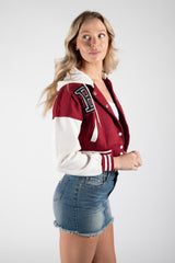 Wine Hooded Contrast Sleeve Letter A Varsity Jacket