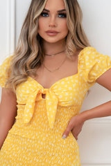 Yellow Ditsy Floral Knot Front Shirred Dress 