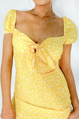 Yellow Ditsy Floral Knot Front Shirred Dress 