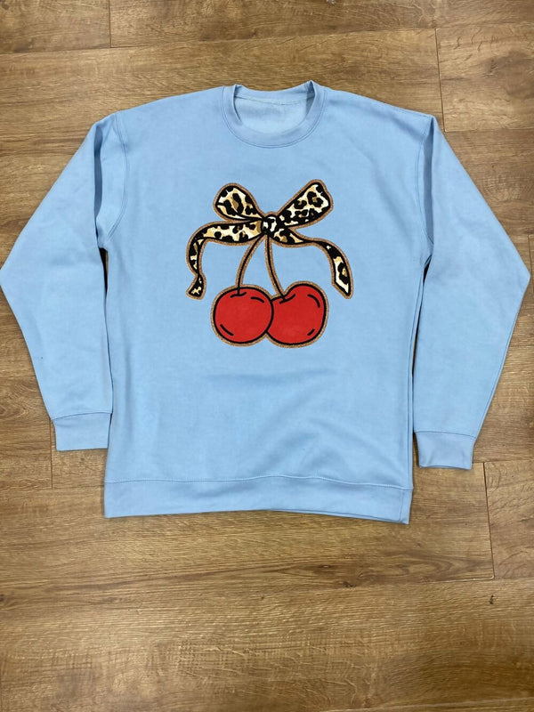 Blue Leopard Print Bow Cherry Relaxed Sweatshirt