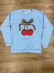 Blue Leopard Print Bow Cherry Relaxed Sweatshirt