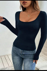 Navy Stretchable Square Neck Long Sleeve Top