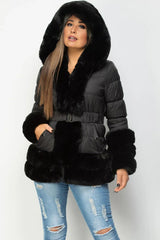 Black Puffer Jacket With Fur Hood Cuff And Trim 