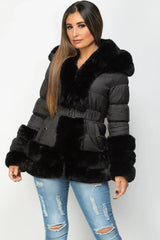 Black Puffer Jacket With Fur Hood Cuff And Trim 