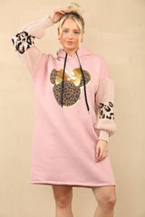 Balloon Knitted Sleeve Leopard Minnie Hooded Sweatshirt Dress