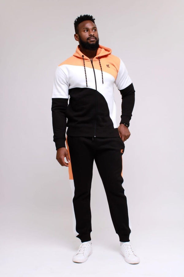Orange With White Contrast Cut Fleece Hooded Tracksuit