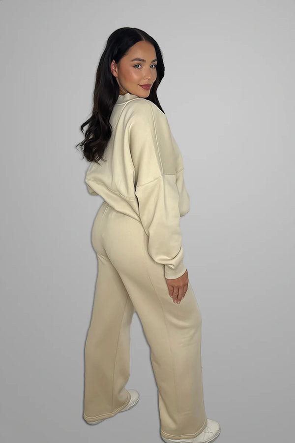 Beige Bomber Sweatshirt With Straight Leg Jogger