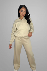 Beige Bomber Sweatshirt With Straight Leg Jogger