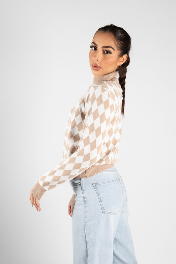 Beige Diamond Check Print High Neck Jumper 