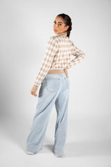 Beige Diamond Check Print High Neck Jumper 