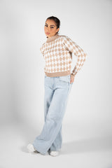 Beige Diamond Check Print High Neck Jumper 