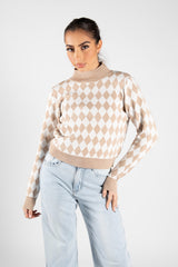 Beige Diamond Check Print High Neck Jumper 