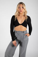 Black Slinky Twist Front Long Sleeve Crop Top