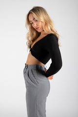 Black Slinky Twist Front Long Sleeve Crop Top