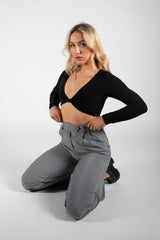 Black Slinky Twist Front Long Sleeve Crop Top