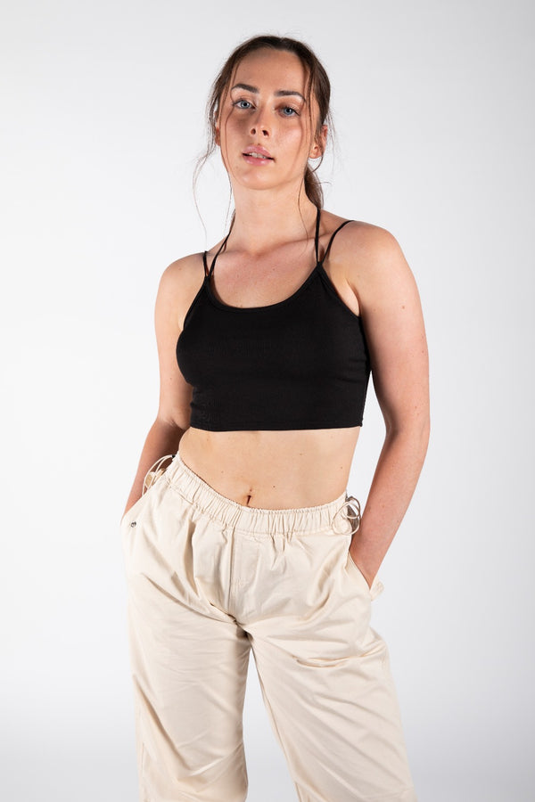 Black Strappy Detail Ribbed Crop Top-Copy