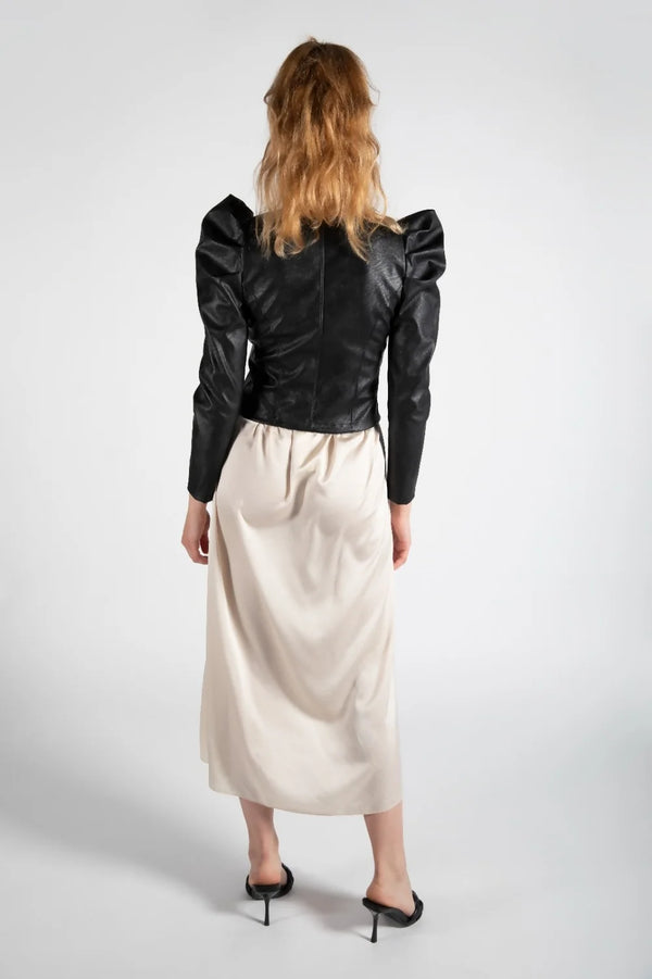 Black Faux Leather Puff Sleeve Jacket