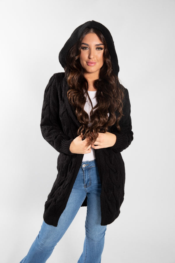 Black Cable Knit Hooded Cardigan 