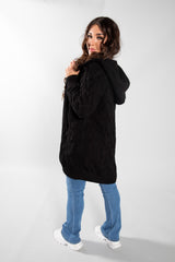 Black Cable Knit Hooded Cardigan 