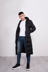 Mens Black Padded Longline Parka Coat