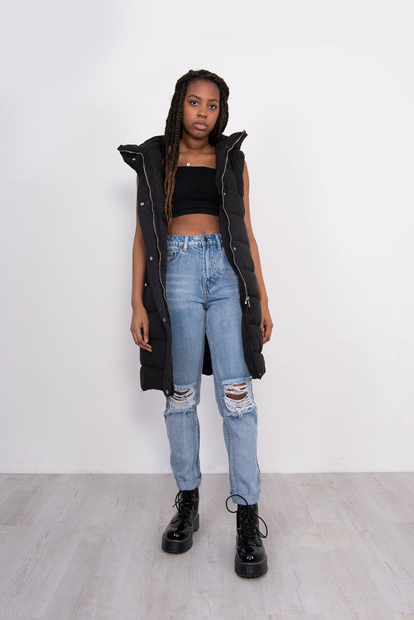 Black Longline Hooded Puffer Gilet