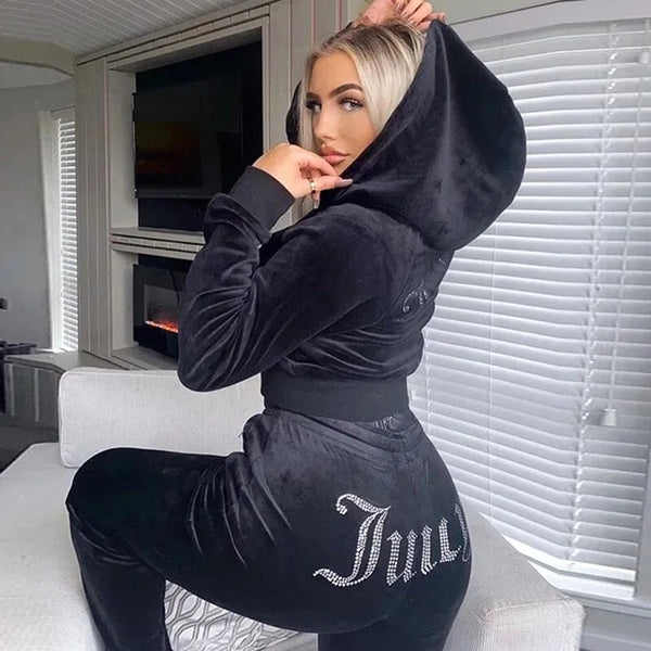 Black Studded Juicy Print Velour Zip Up Tracksuit