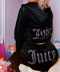 Black Studded Juicy Print Velour Zip Up Tracksuit