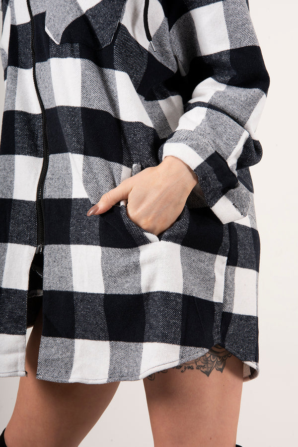 Black And White Plaid Hooded Oversized Shirt