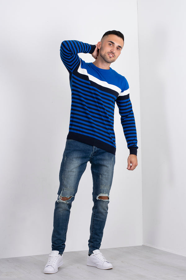 Mens Blue Stripe Contrast Jumper