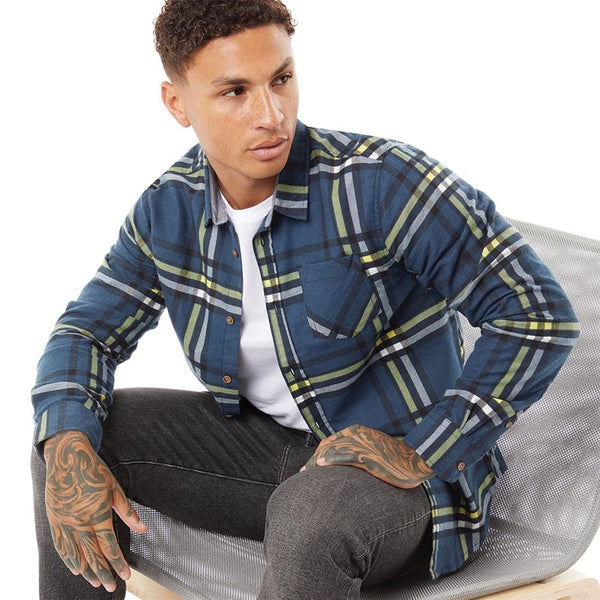 Mens Blue Checked Cotton Flannel Long Sleeve Shirt