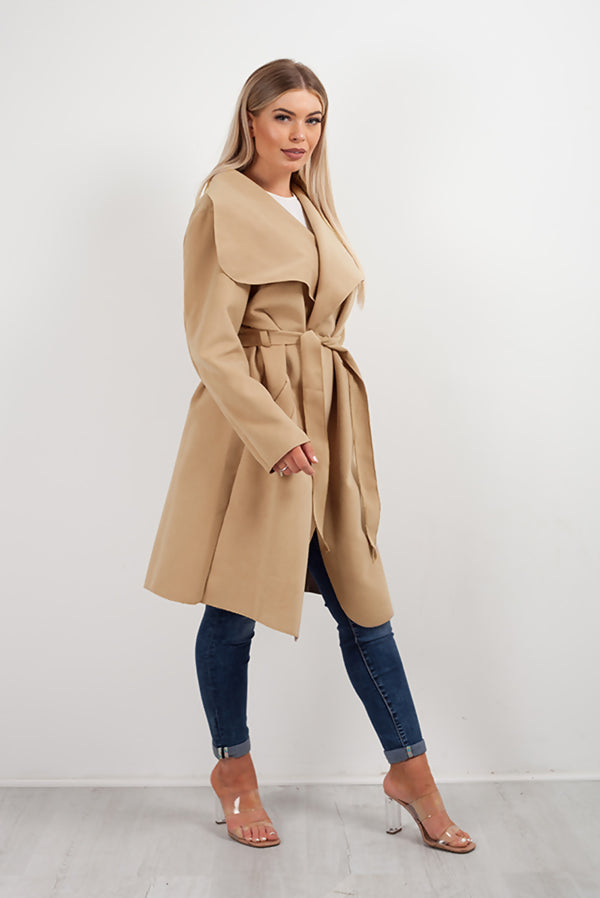 Camel Belted Waterfall Duster Long Coat