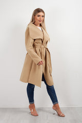 Camel Belted Waterfall Duster Long Coat