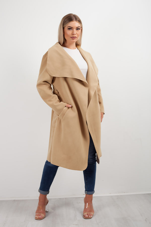 Camel Belted Waterfall Duster Long Coat