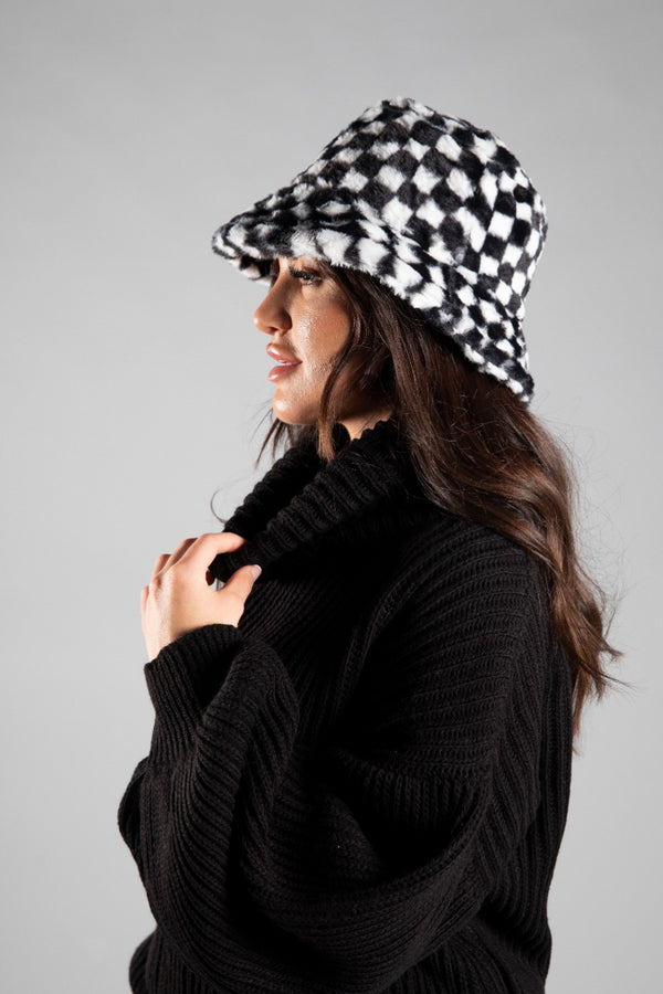 Black Check Print Faux Fur Bucket Hat