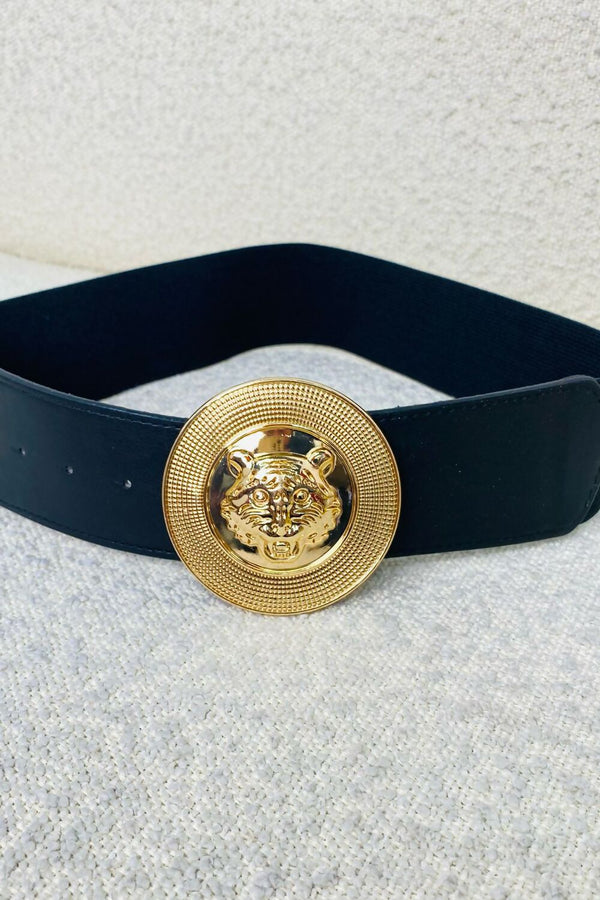 Black Strap Tiger Decor Round Buckle Fashion Belt