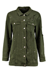 Khaki Long Line Print Splatter Denim Jacket