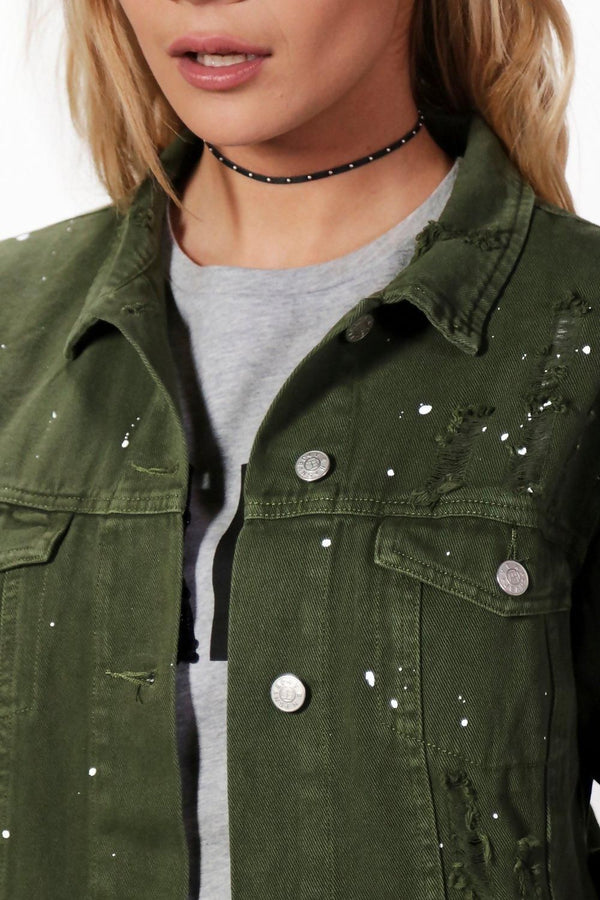 Khaki Long Line Print Splatter Denim Jacket