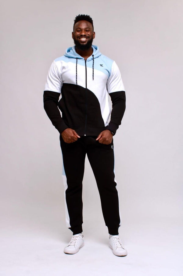 Sky Blue With White Contrast Cut Fleece Hooded Tracksuit