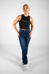 Black "Essential" Slogan Print Ribbed Racer Vest 