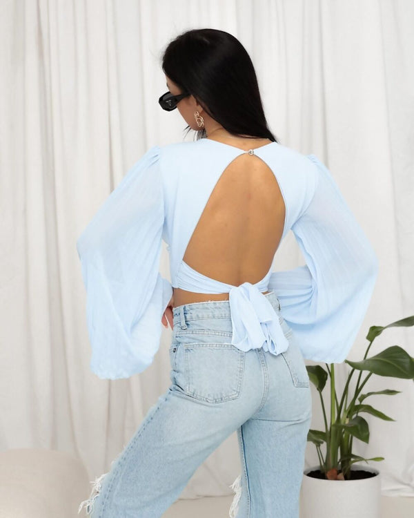 Sky Blue Backless Crop Top With Pleated Bell Sleeves
