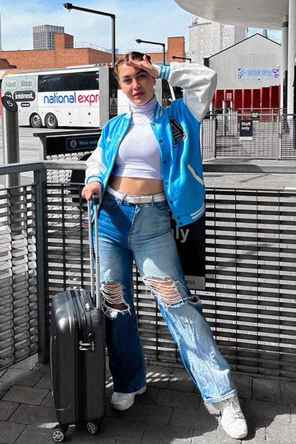 Sky Blue Contrast Sleeve Letter A Varsity Jacket