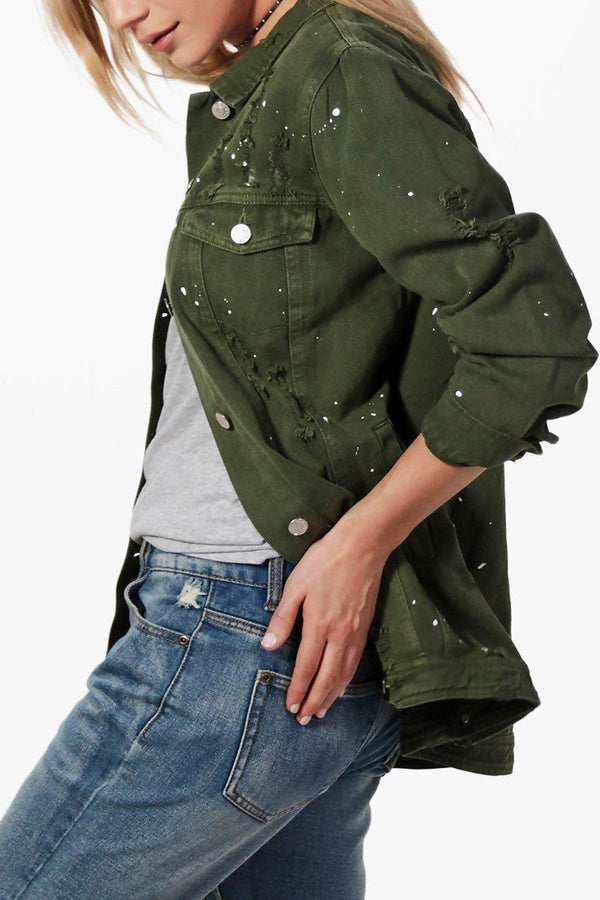 Khaki Long Line Print Splatter Denim Jacket