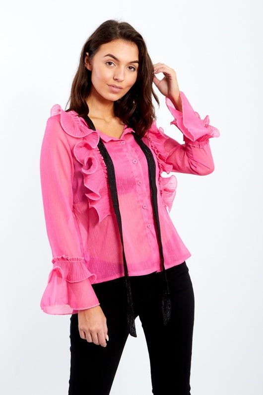 Fuchsia Sheer Ruffle Sleeve Inserted Shirt